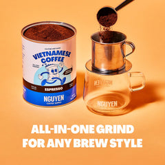 Nguyen Coffee Supply scoop of grounds with scale showing measurement accuracy