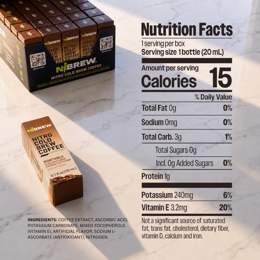 NiBREW serving suggestion with snack suggesting pairing and caffeine boost