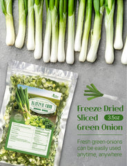 NICE WITCH'S close-up of freeze-dried green onion flakes, highlights preserved texture