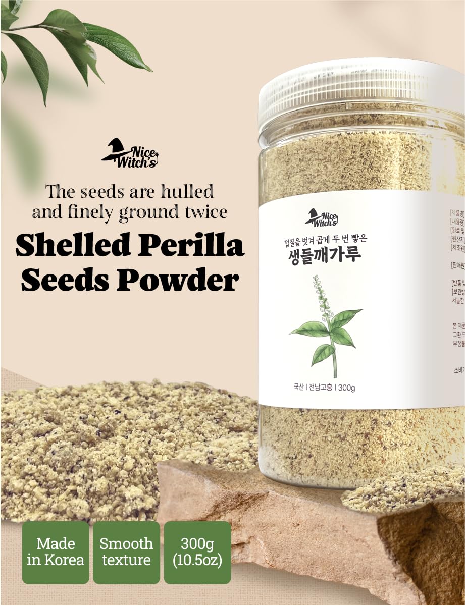 NICE WITCH'S close-up texture of peeled perilla powder highlighting smooth, fine consistency
