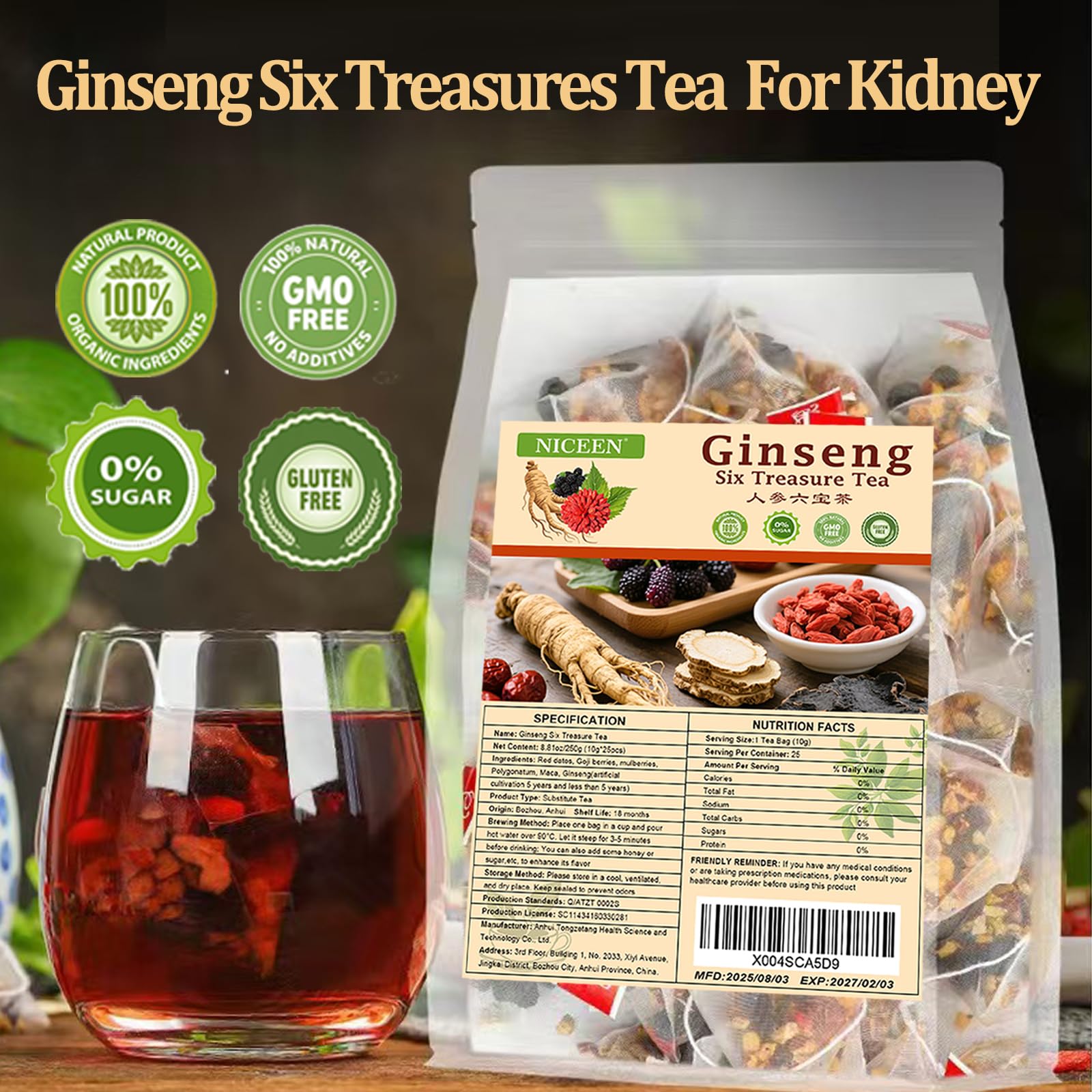 NICEEN teabag close-up with visible herbal ingredients for clarity