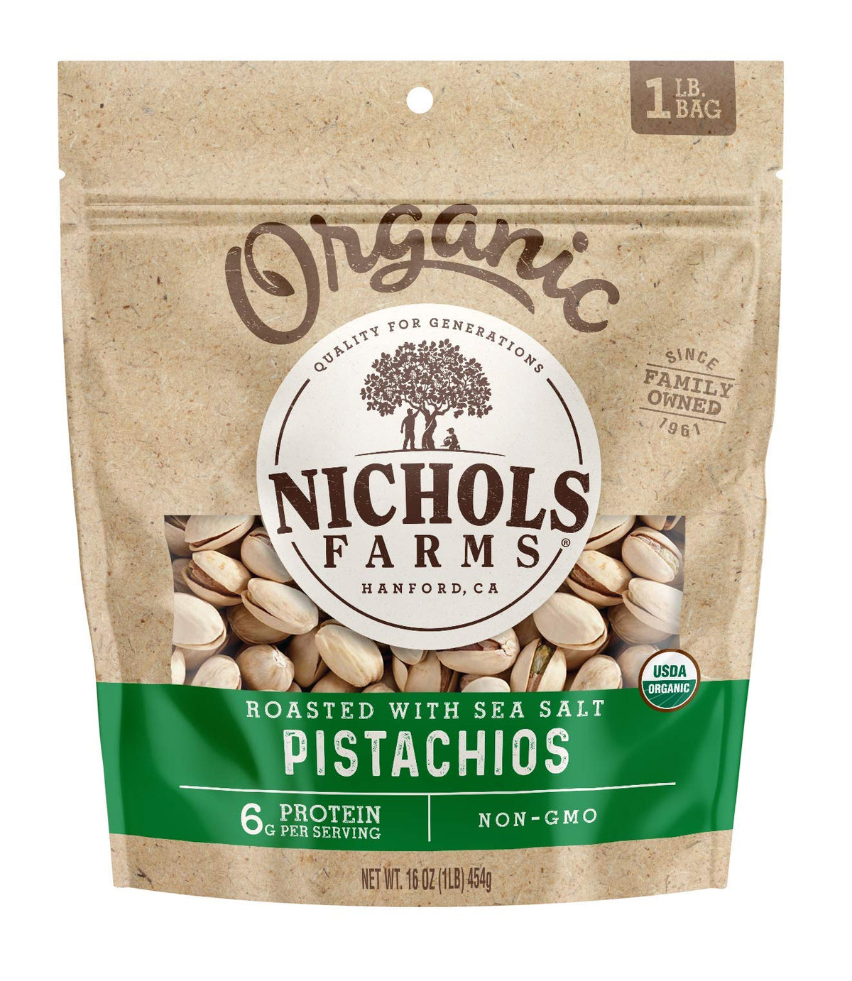 Nichols Farms front packaging showing 1lb resealable bag and organic label for fresh taste
