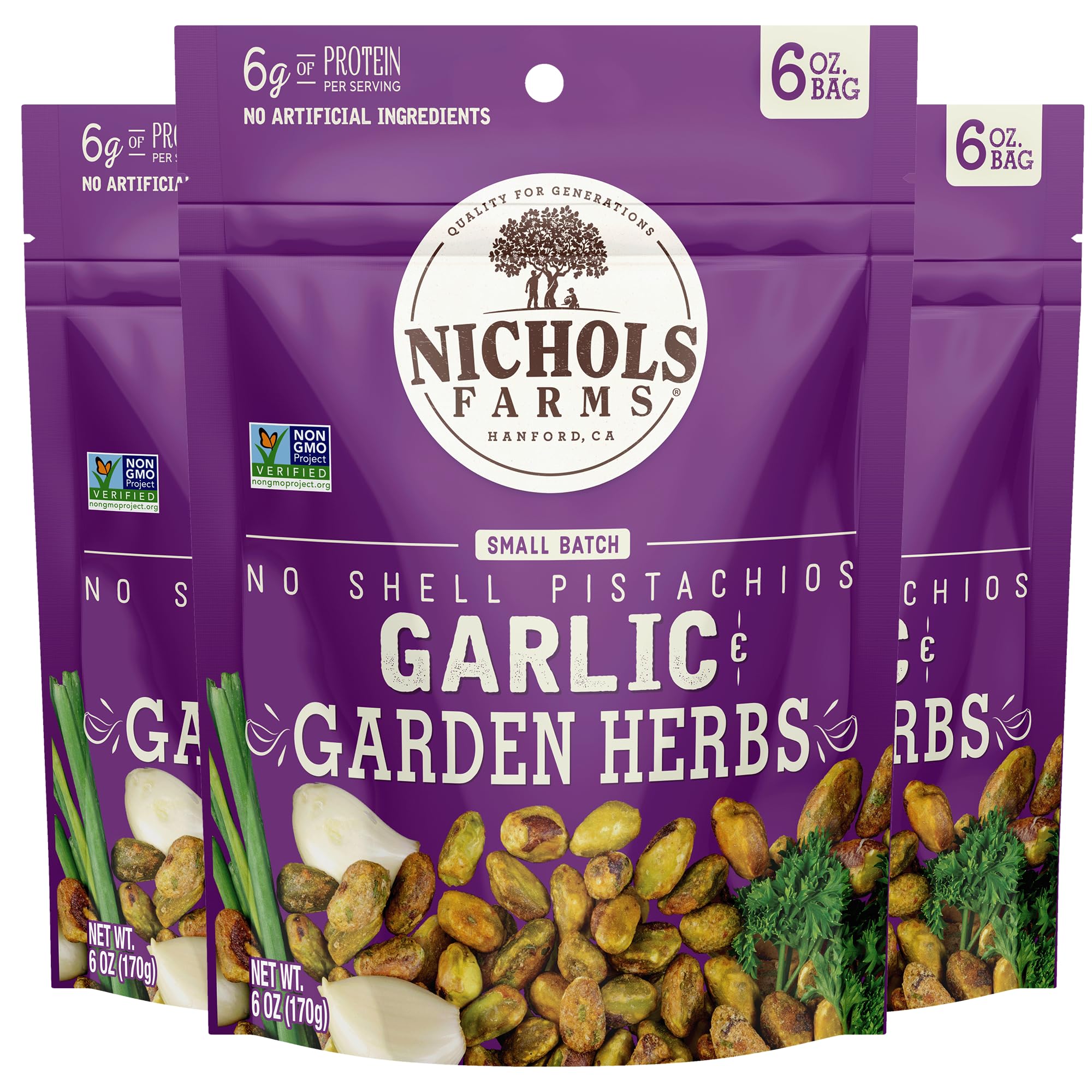 Nichols Farms front packaging showing garlic & garden herbs flavor and convenience