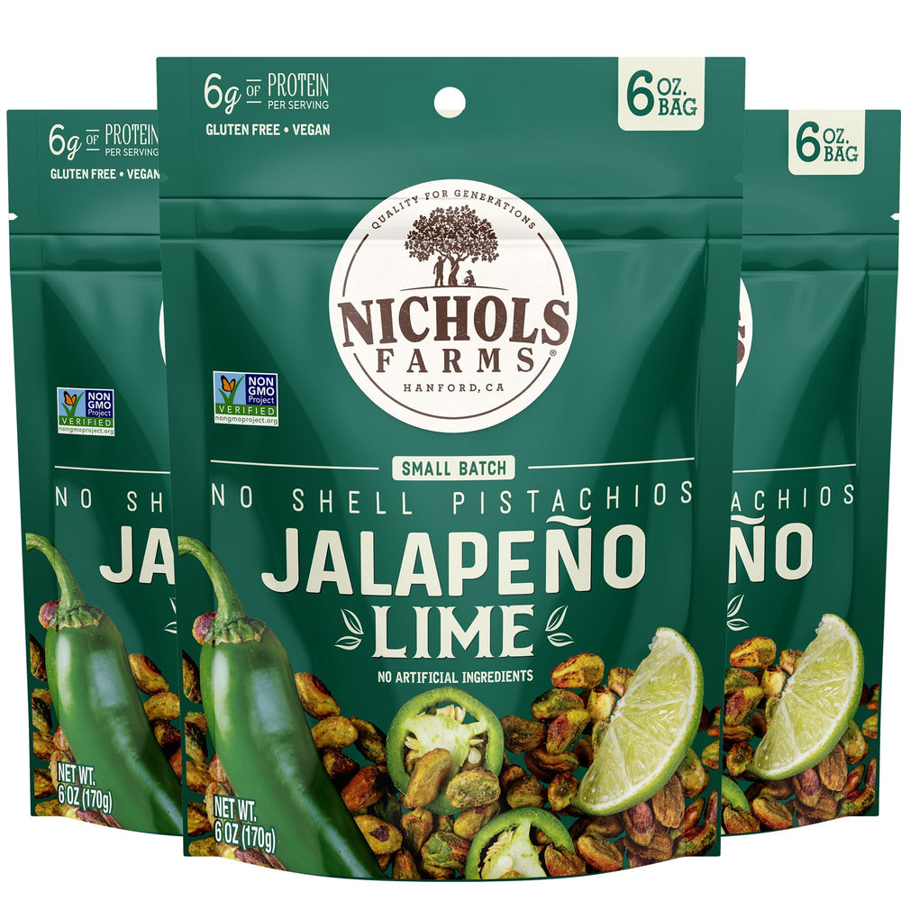 Nichols Farms front pack showing jalapeño lime flavor and convenient design benefit portability