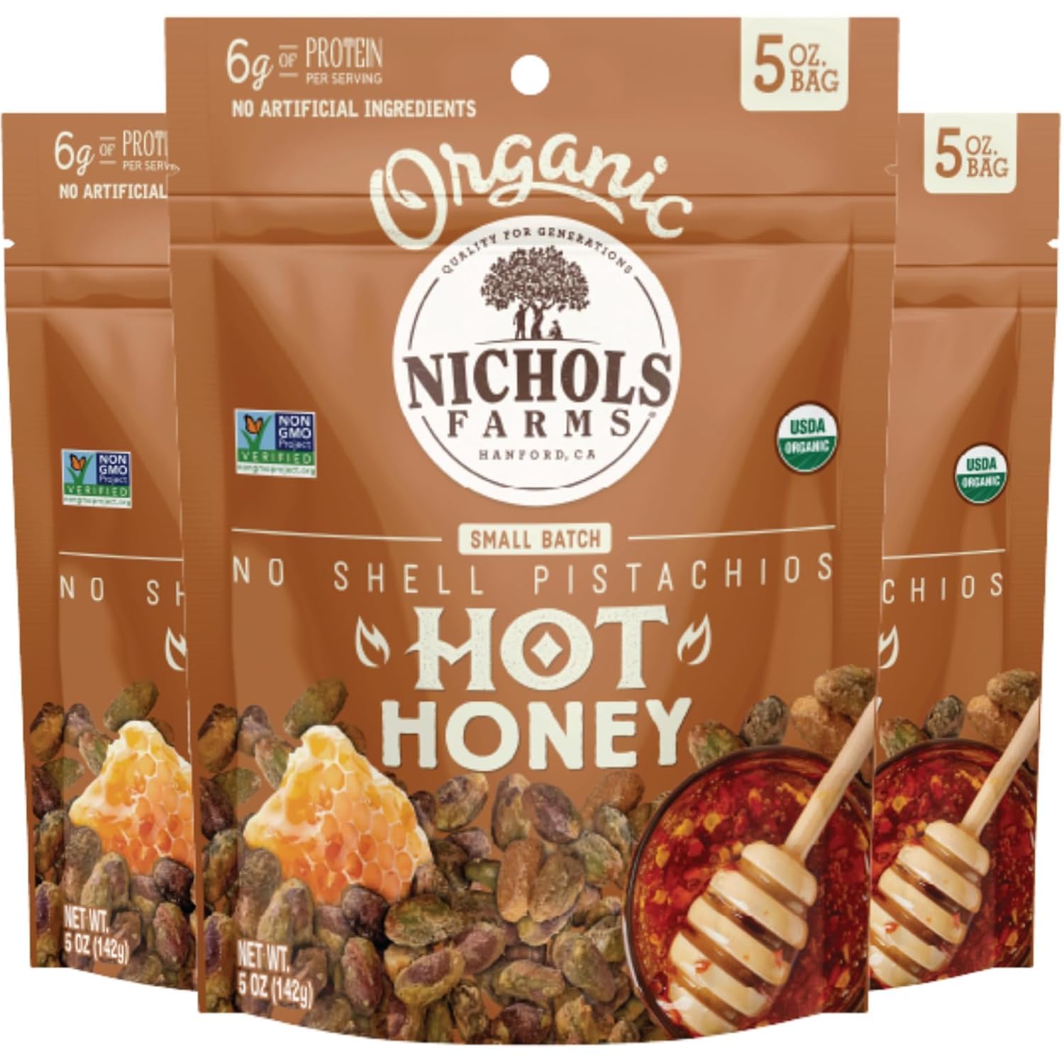 Nichols Farms front packaging showing hot honey pistachios and convenience