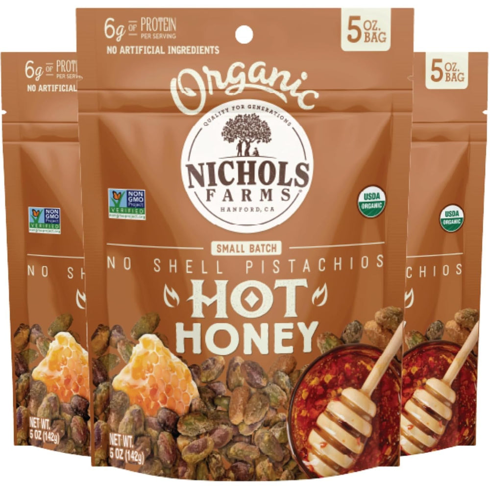 Nichols Farms front packaging showing hot honey pistachios and convenience