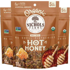 Nichols Farms front packaging showing hot honey pistachios and convenience