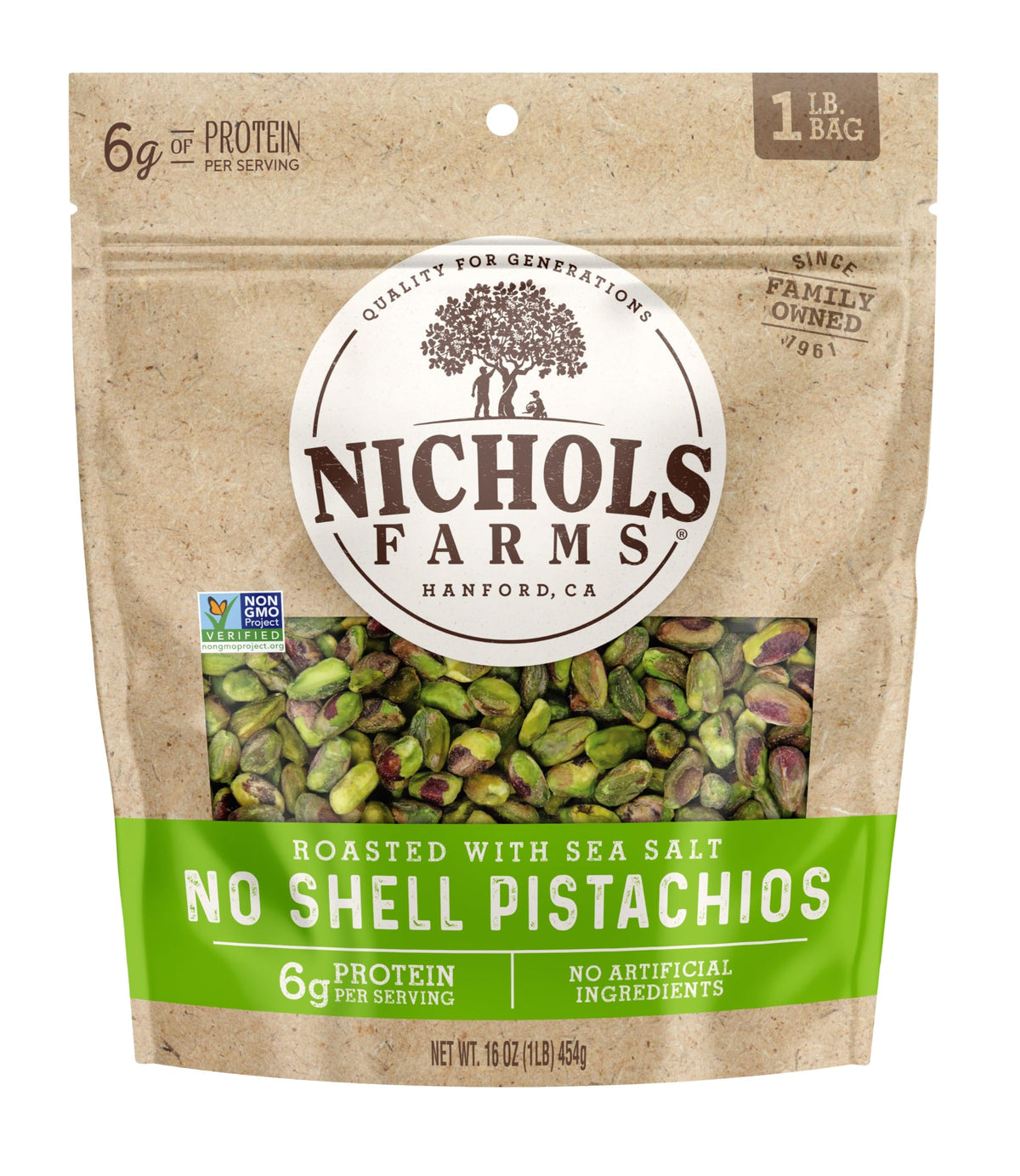 Nichols Farms front pouch showing organic label and resealable benefit