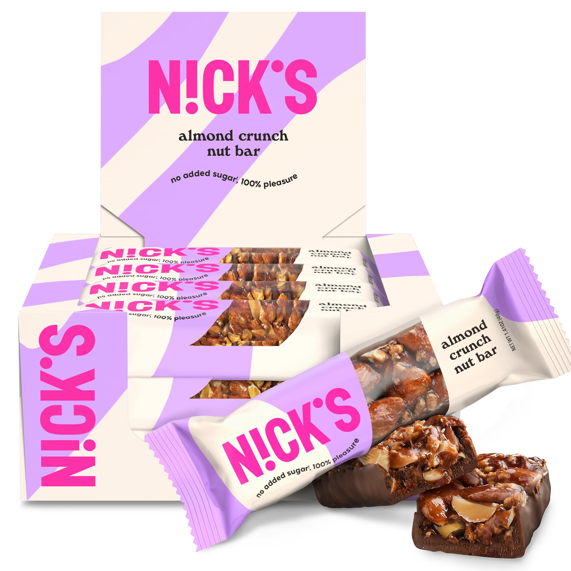 N!CK'S front packaging showing almond chocolate bars and nutritional label benefit