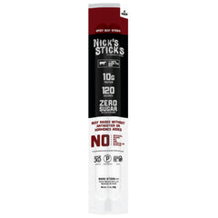 Nick's Sticks close-up texture of spicy beef stick highlighting real grass-fed meat quality