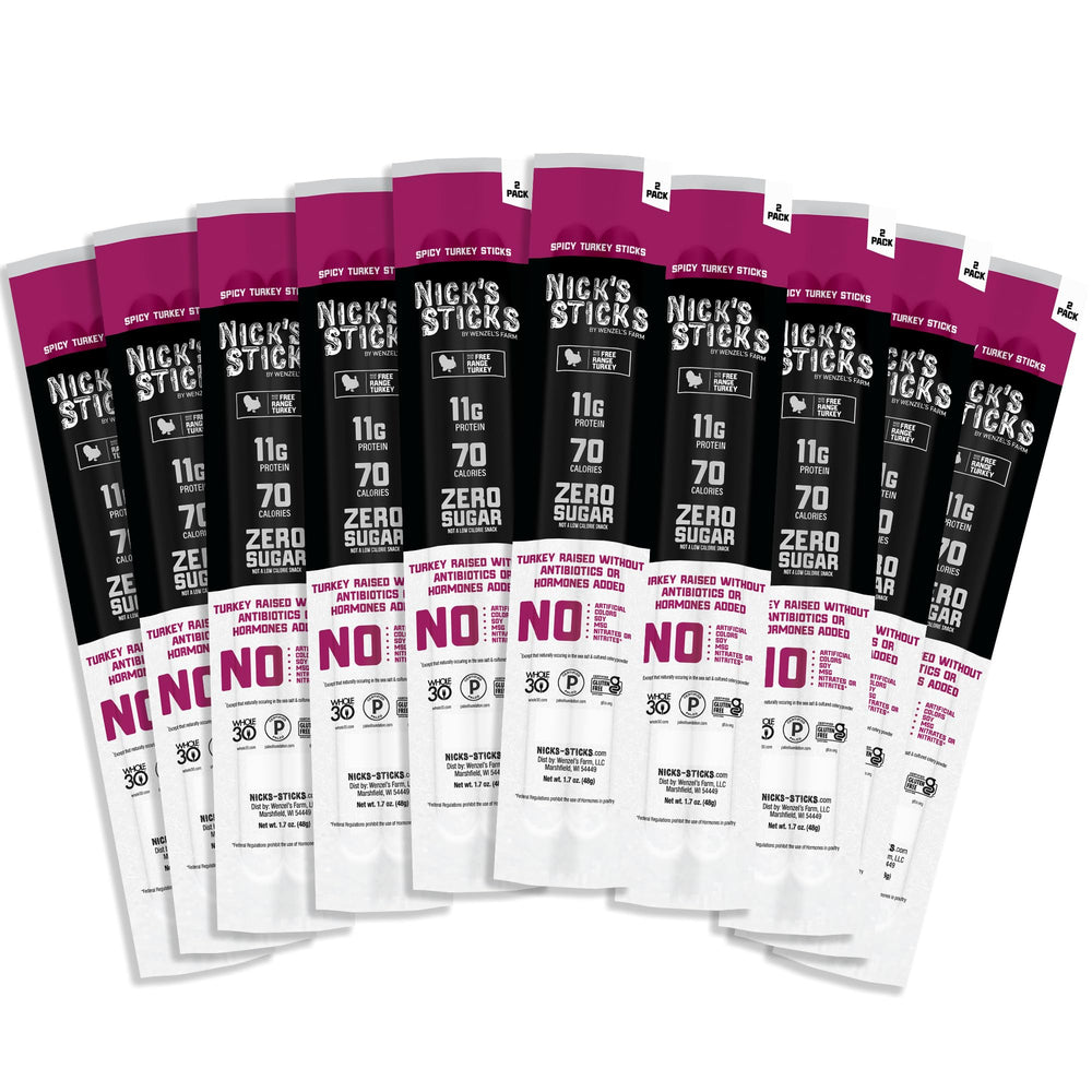 Nick's Sticks front packaging showing two spicy free-range turkey sticks and clean-label benefits