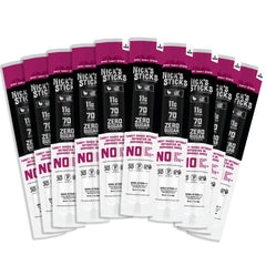 Nick's Sticks front packaging showing two spicy free-range turkey sticks and clean-label benefits