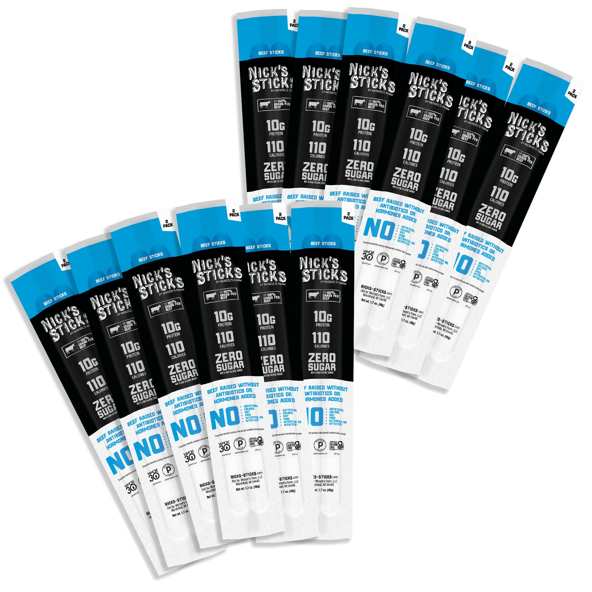 Nick's Sticks front packaging showing twin packs and branding, highlights convenience