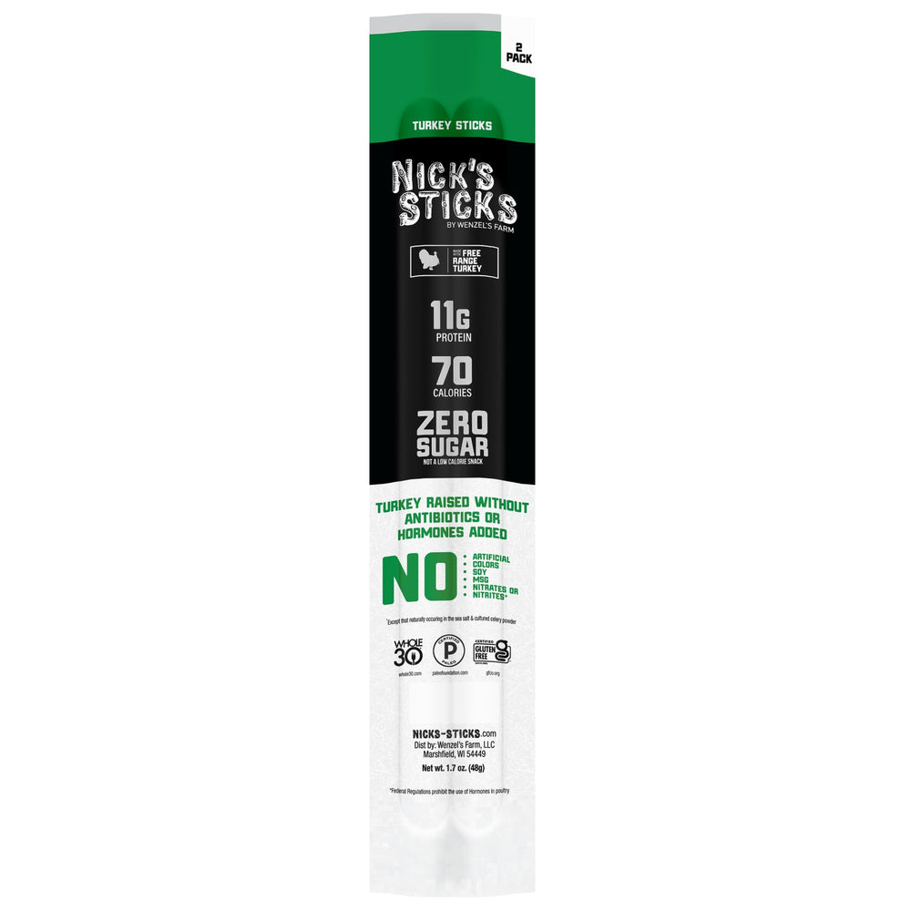 Nick's Sticks twin pack closeup highlighting portion size and protein content for easy snacking