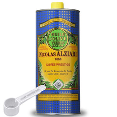 Nicolas Alziari front bottle view showing French extra virgin olive oil and clear branding benefit: authentic origin