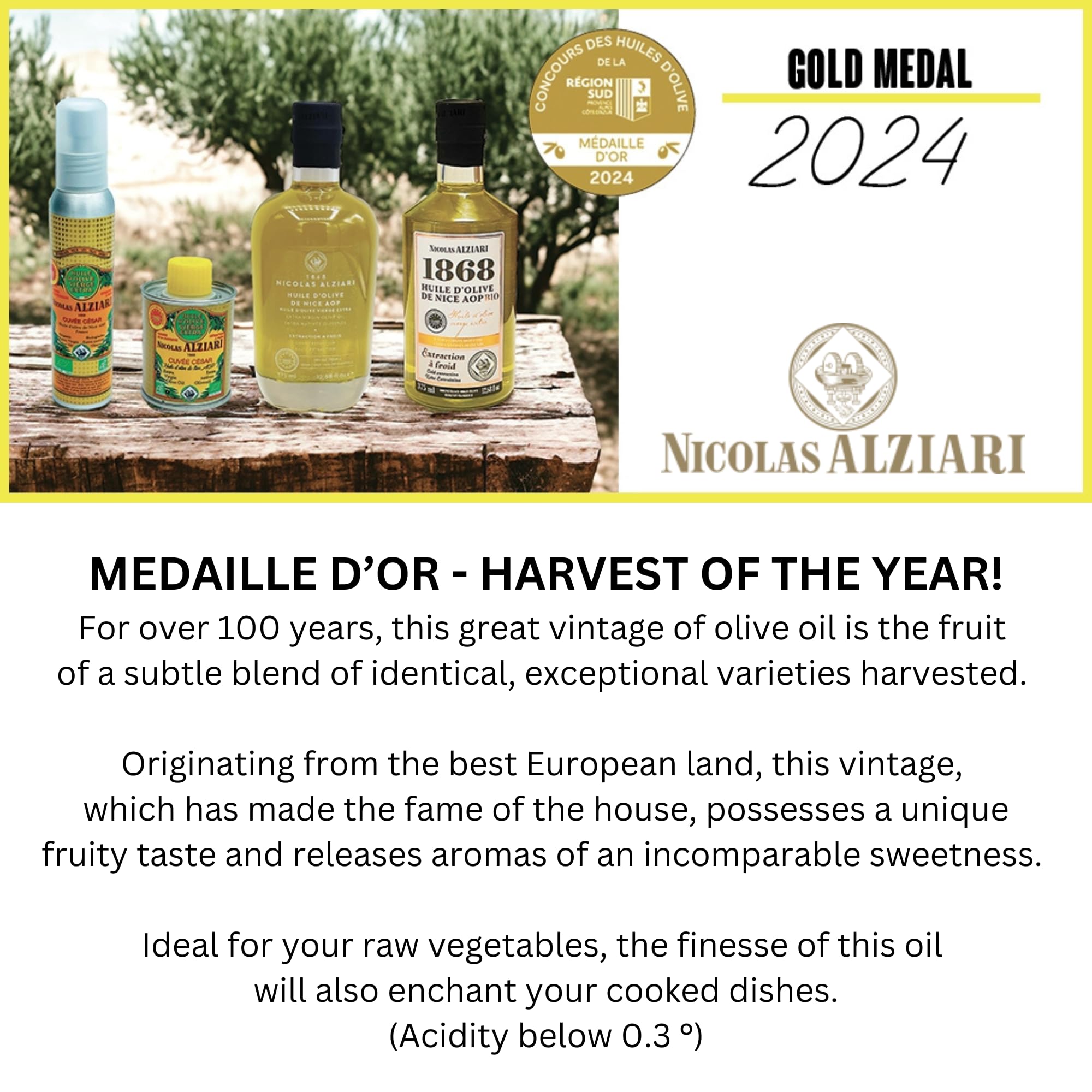 Nicolas Alziari label detail with stone mill and origin information, signaling traditional cold extraction
