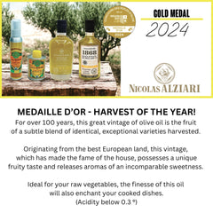 Nicolas Alziari label detail with stone mill and origin information, signaling traditional cold extraction