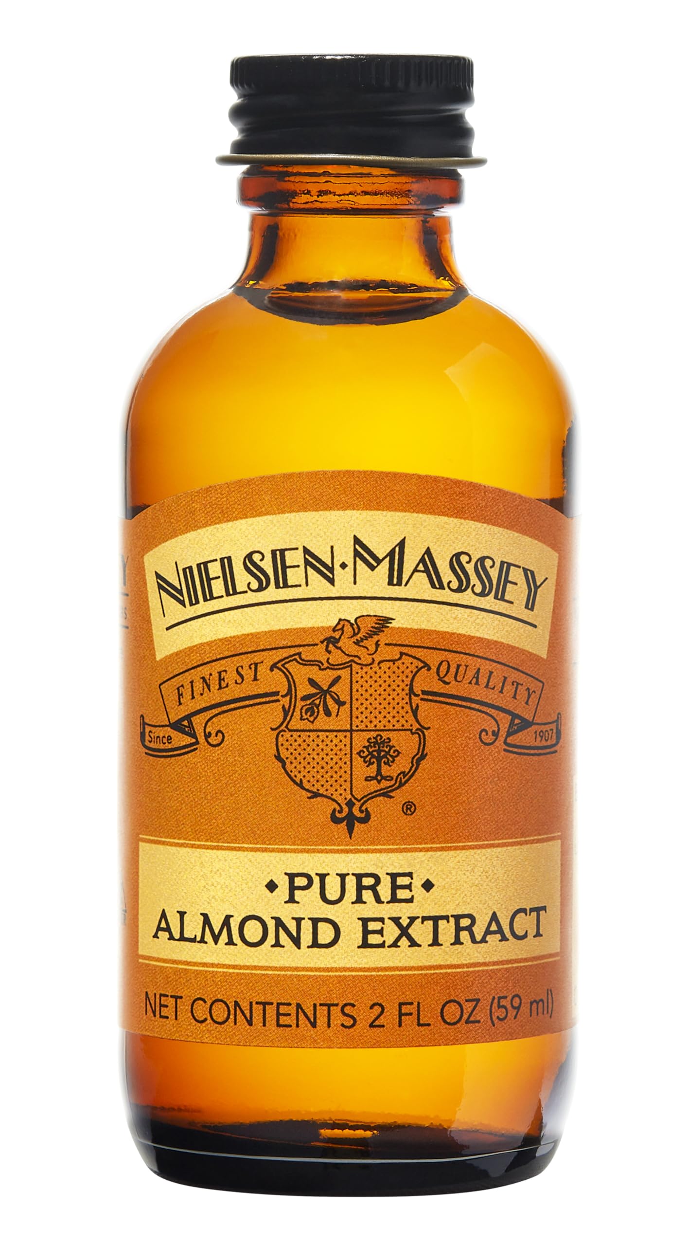 Nielsen-Massey front bottle clear label showing premium almond extract benefit: authentic flavor