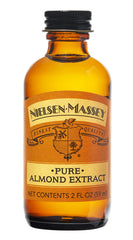 Nielsen-Massey front bottle clear label showing premium almond extract benefit: authentic flavor