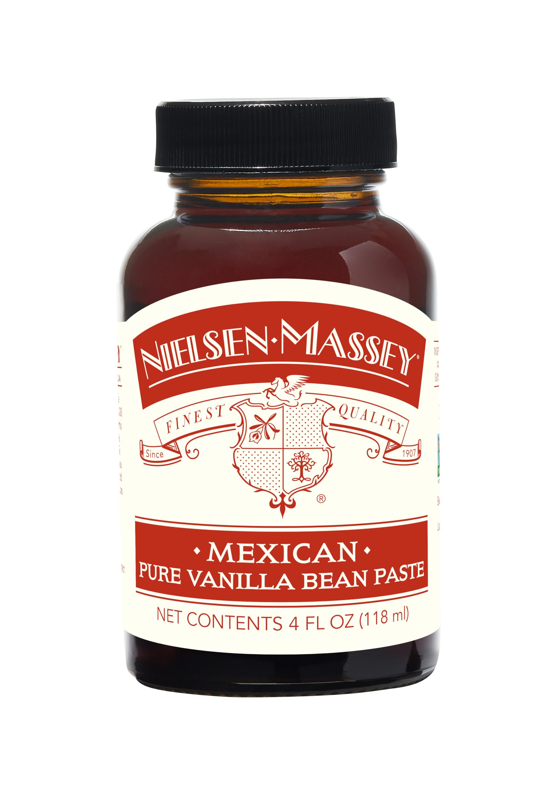 Nielsen-Massey front bottle view showing label and 4 oz packaging benefit: clear origin