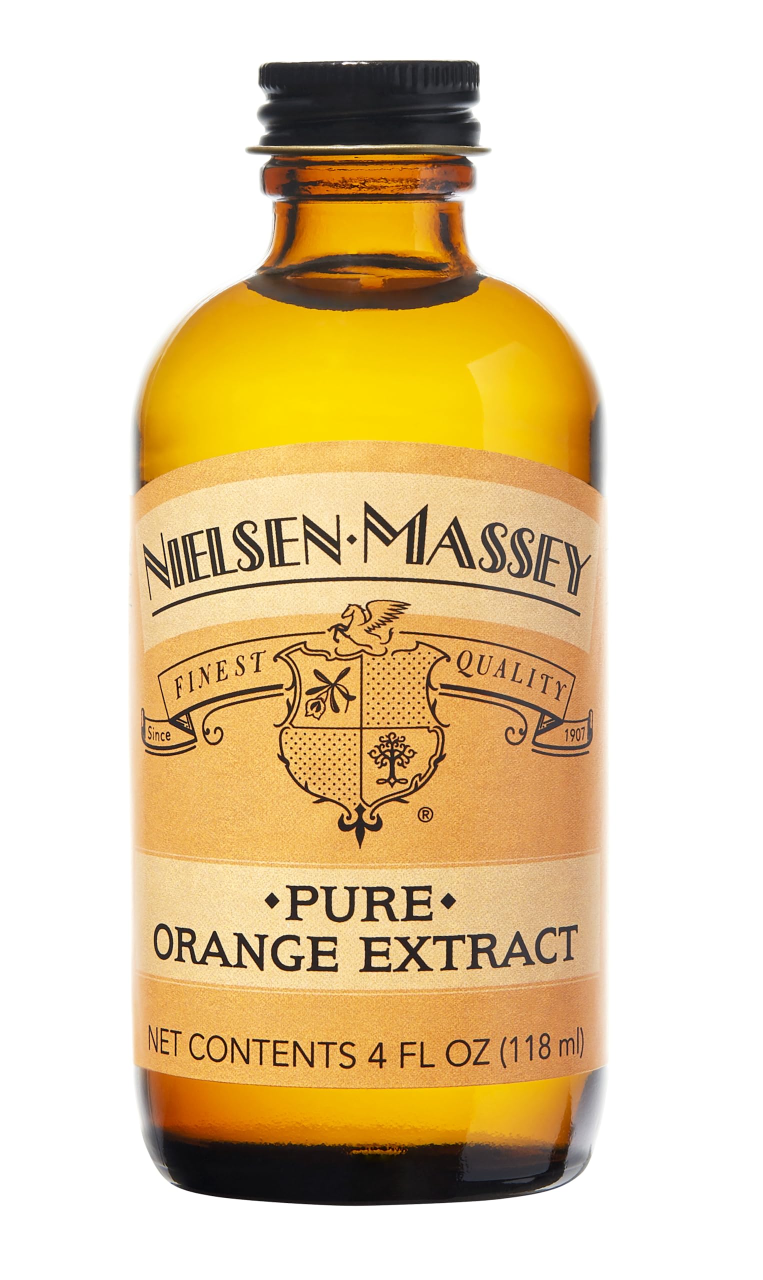 Nielsen-Massey front bottle view showing clear label and orange flavor benefit