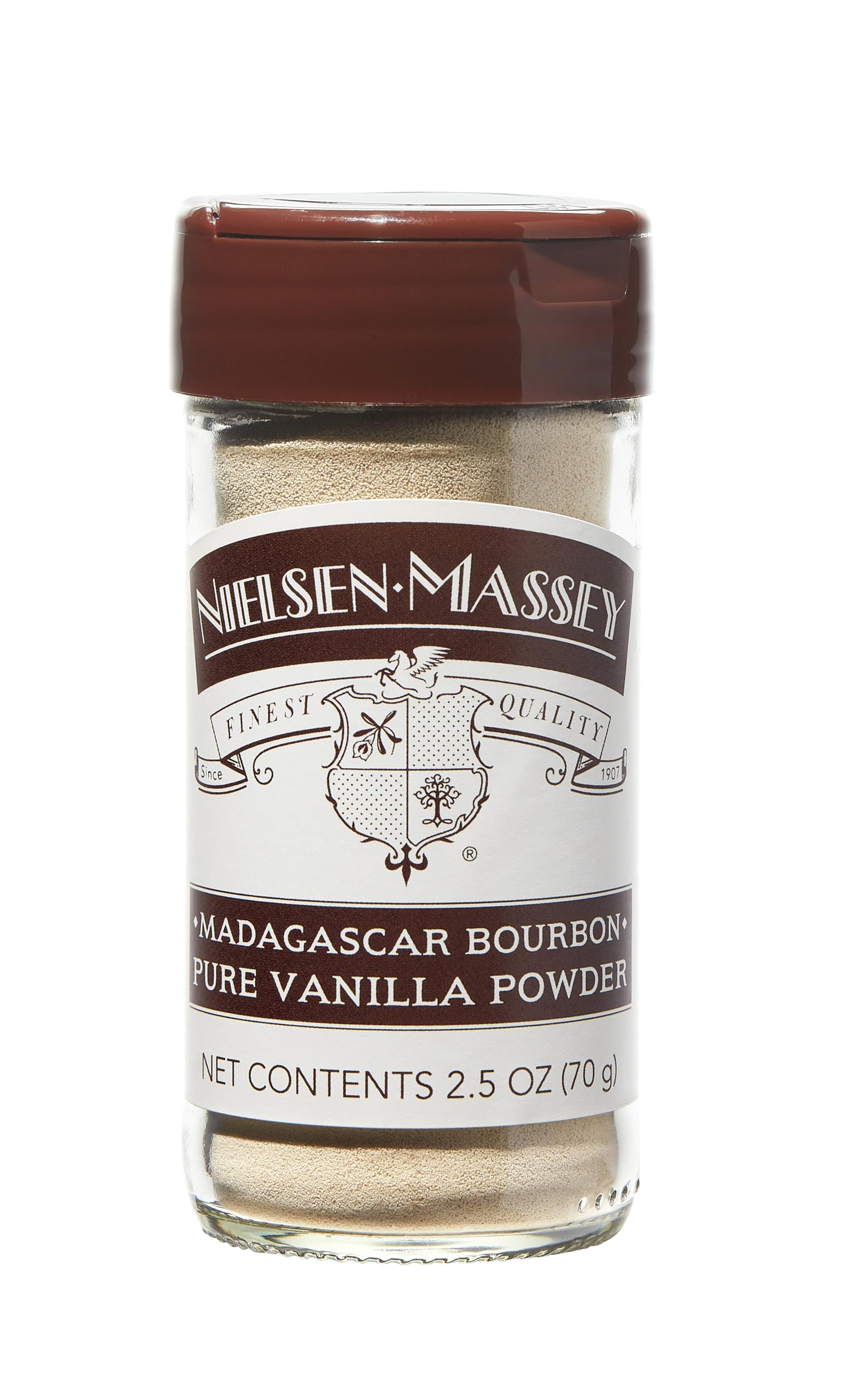 Nielsen-Massey vanilla powder front jar showing branding and 2.5 oz size, clear use guidance