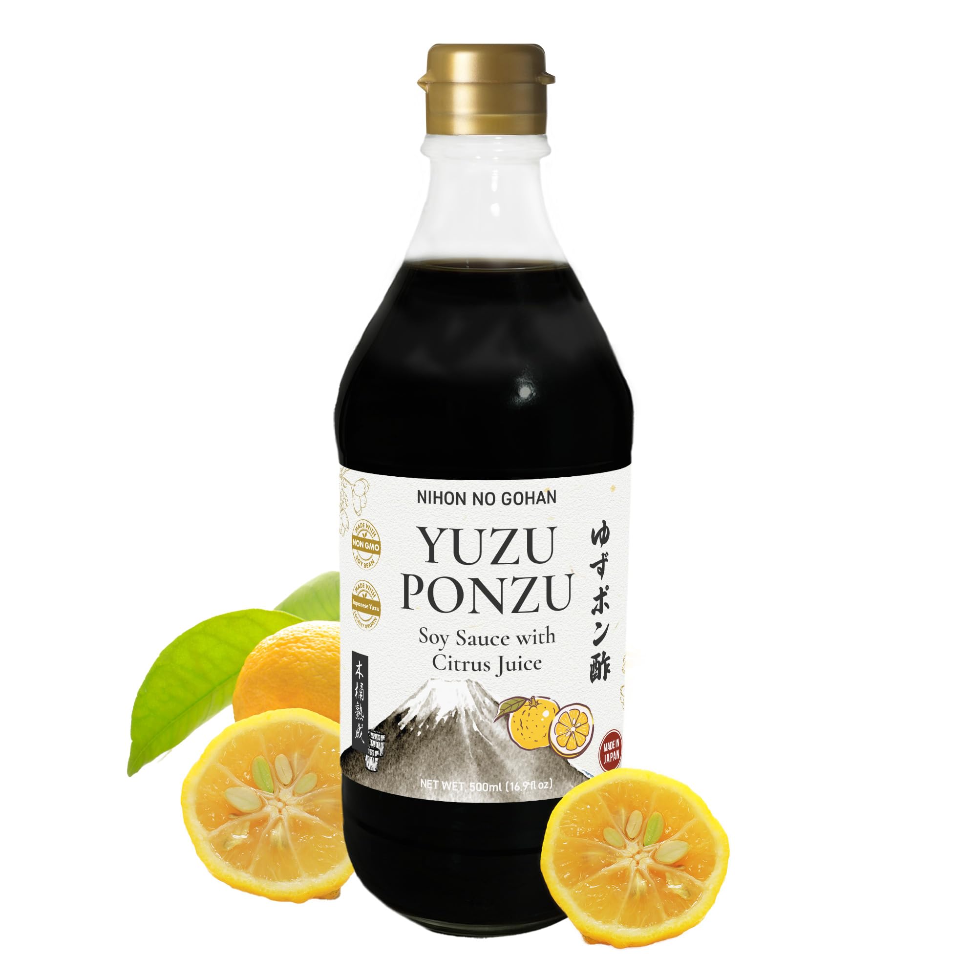 にほんのごはん yuzu ponzu front bottle showing elegant packaging and clear contents benefits freshness