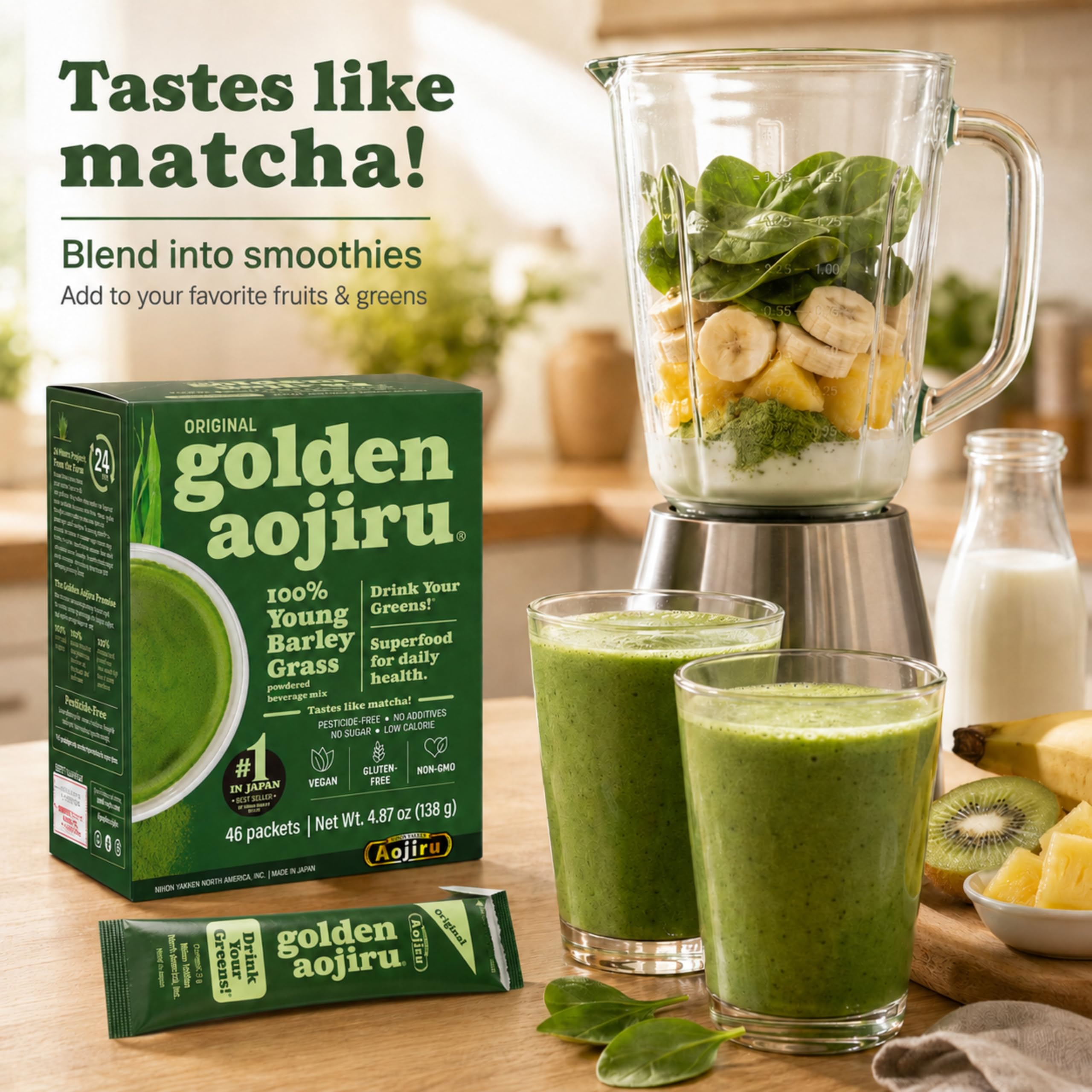 NIHON YAKKEN green smoothie in glass illustrating tasty drink boost