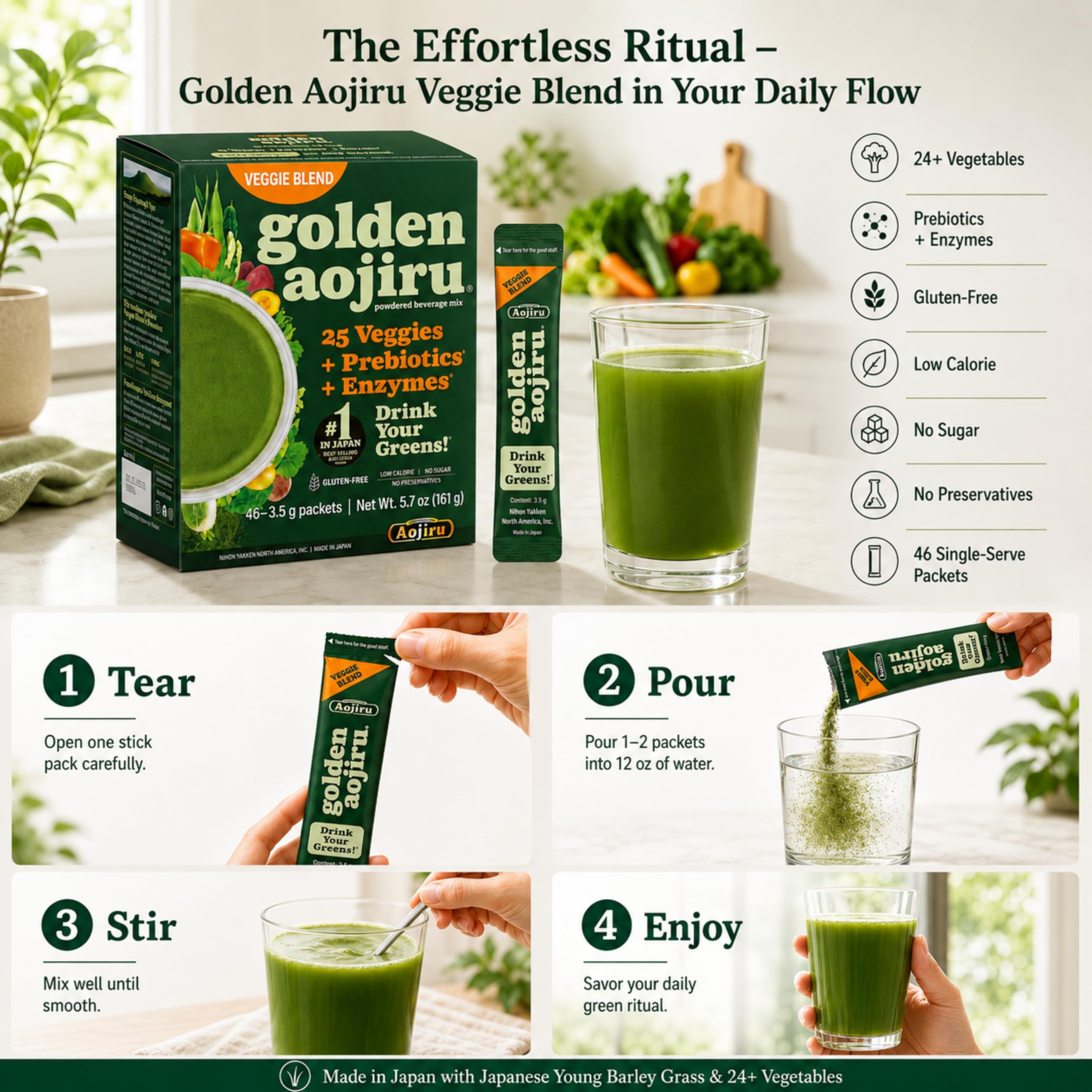 NIHON YAKKEN powder being mixed in a glass for smooth, tasty green drink