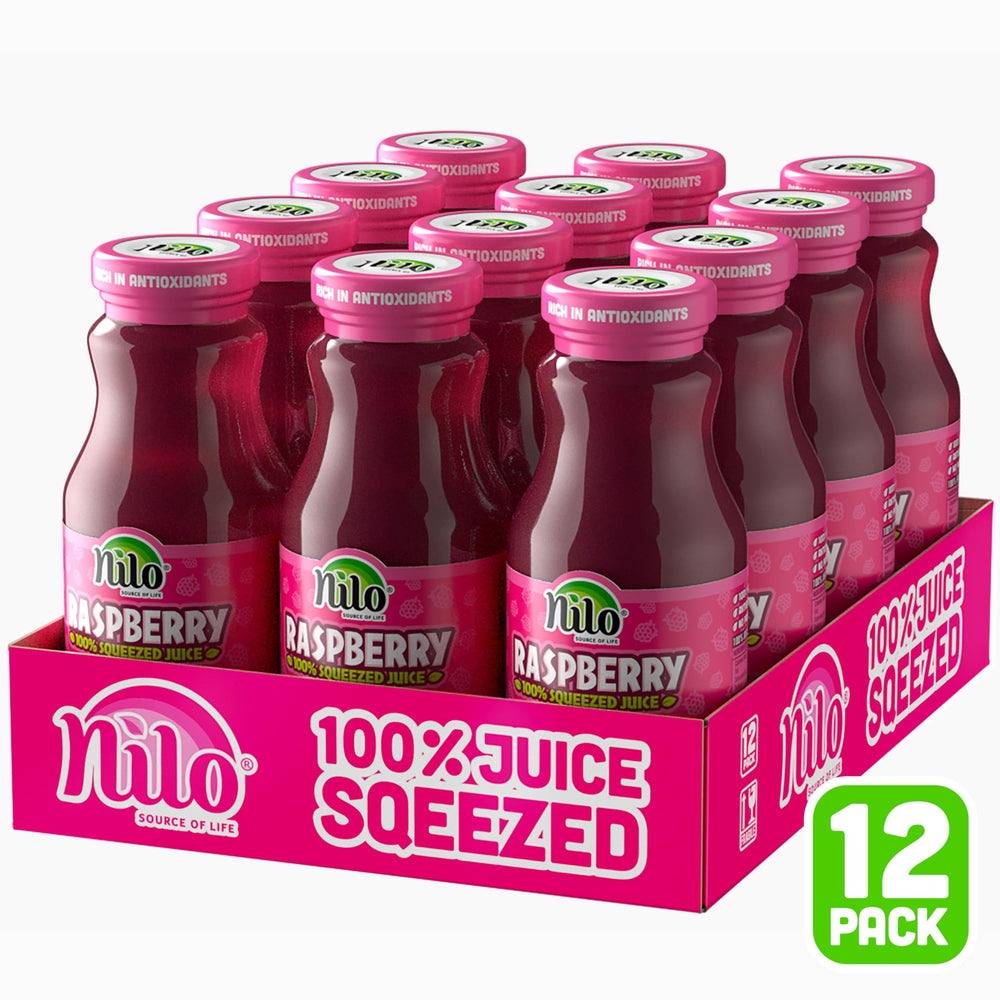 NILO label close-up highlighting 100% squeezed raspberries and no sugar added