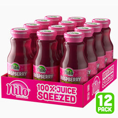 NILO label close-up highlighting 100% squeezed raspberries and no sugar added