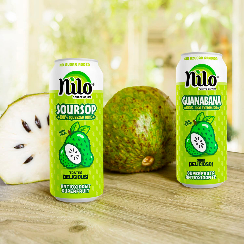 NILO bottle beside whole soursop fruit, demonstrates real-ingredient source