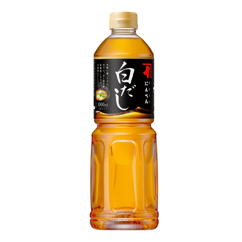 ninben front bottle showing clear shiro dashi and label, highlights authenticity and ease