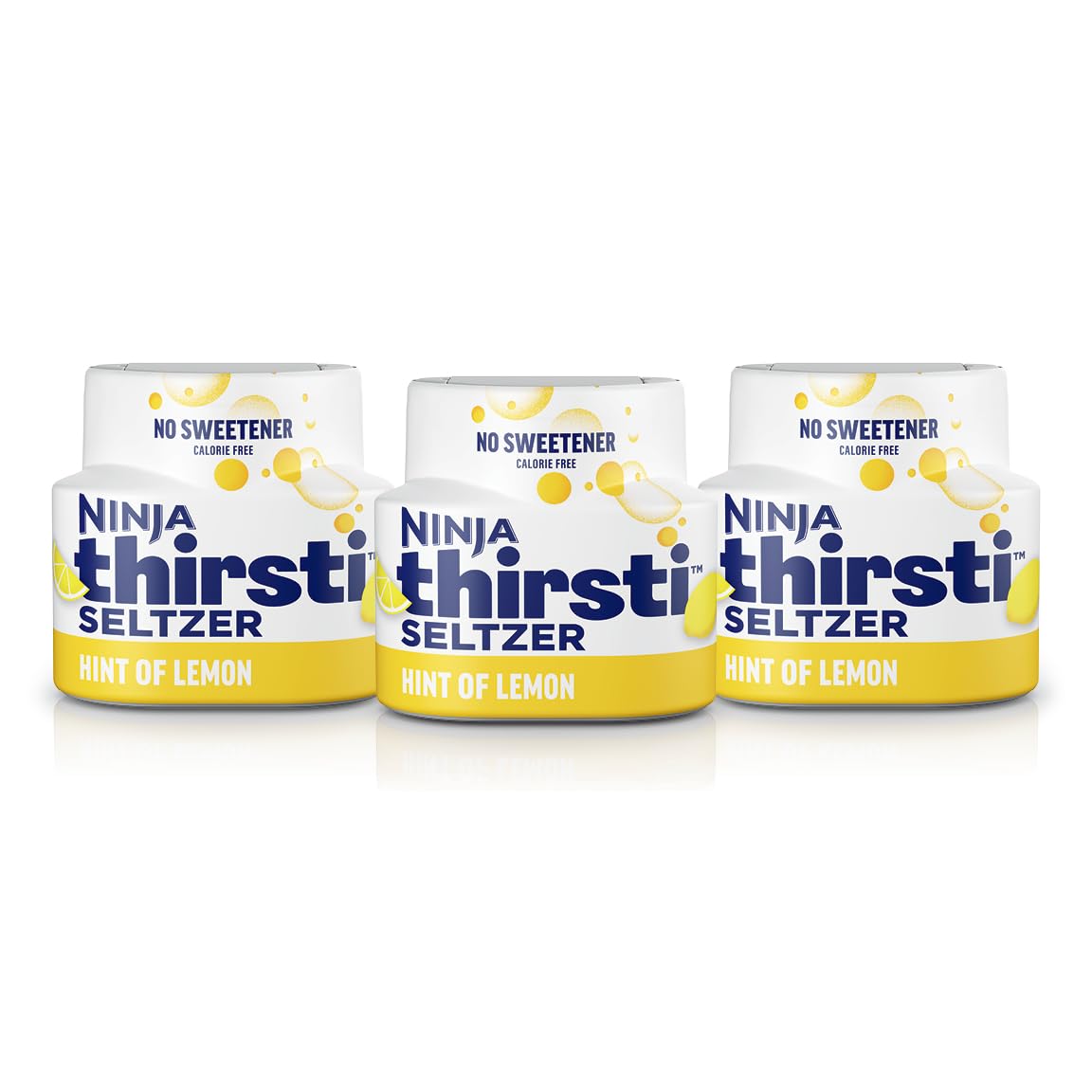 Ninja Thirsti front packaging showing three lemon seltzer pods and benefits