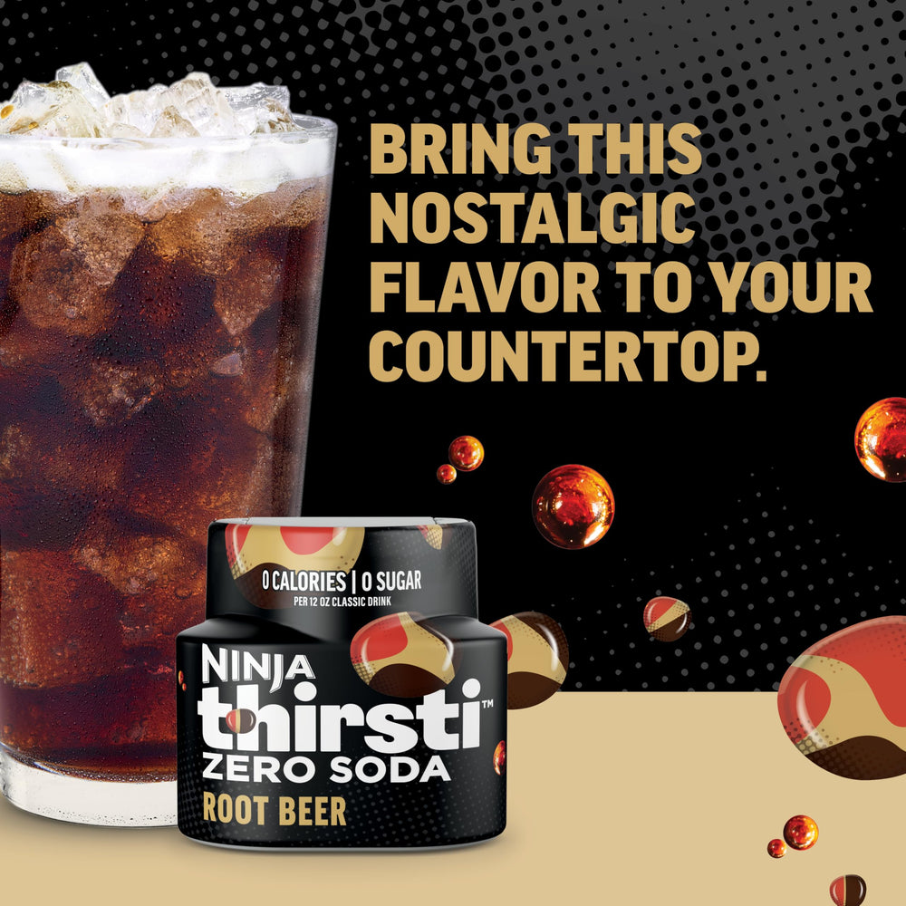 Ninja Thirsti root beer drop dissolving in a glass for quick flavor