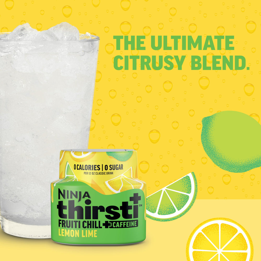 Comparison shot showing Ninja Thirsti pod beside 12oz glass to show servings per pod