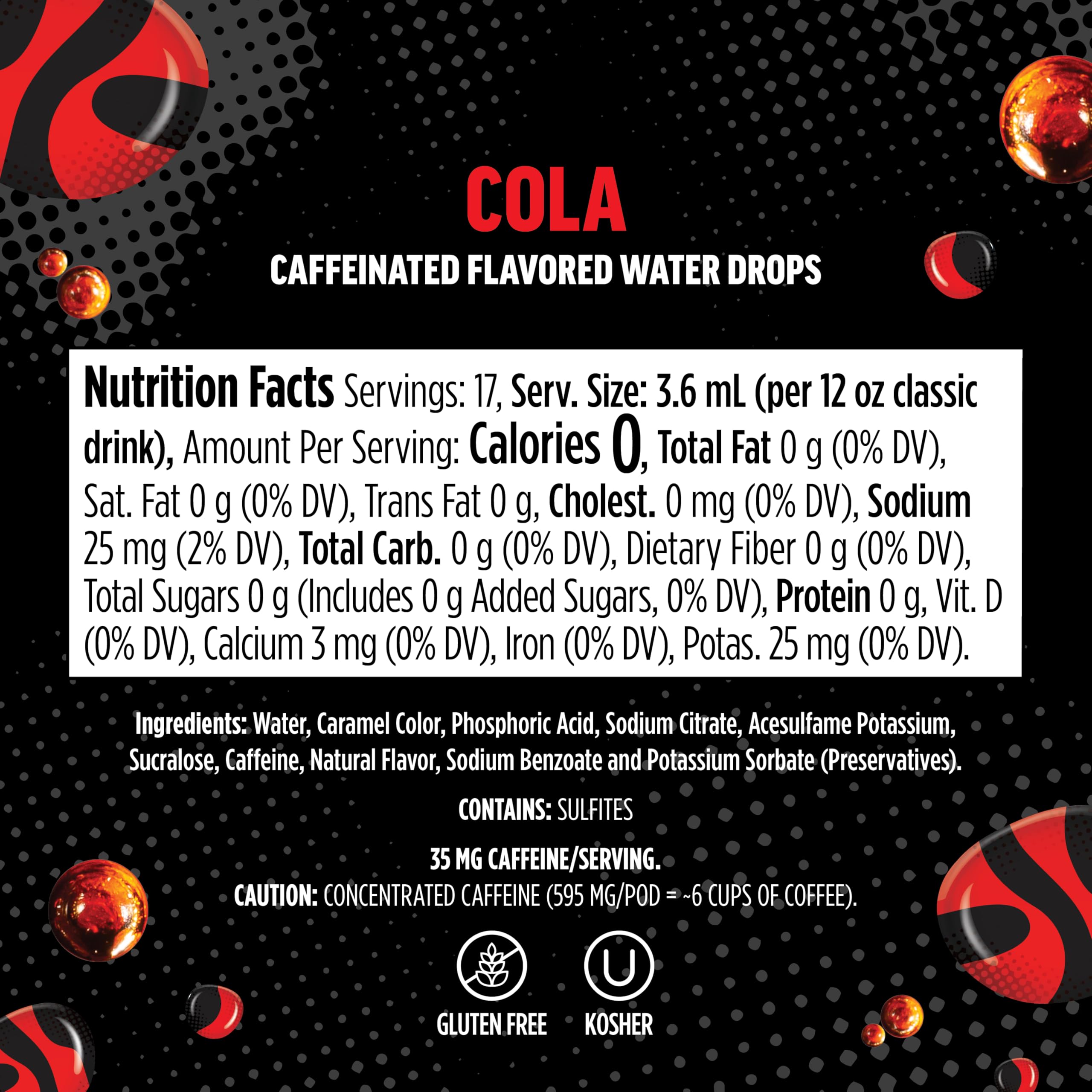 Glass of cola-style drink poured from Thirsti, refreshing zero-calorie enjoyment benefit