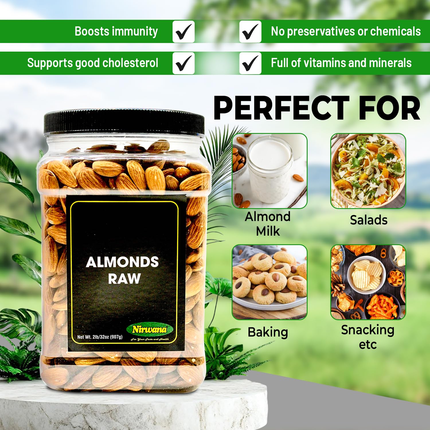 Nirwana raw almonds in blender illustrating homemade almond milk potential