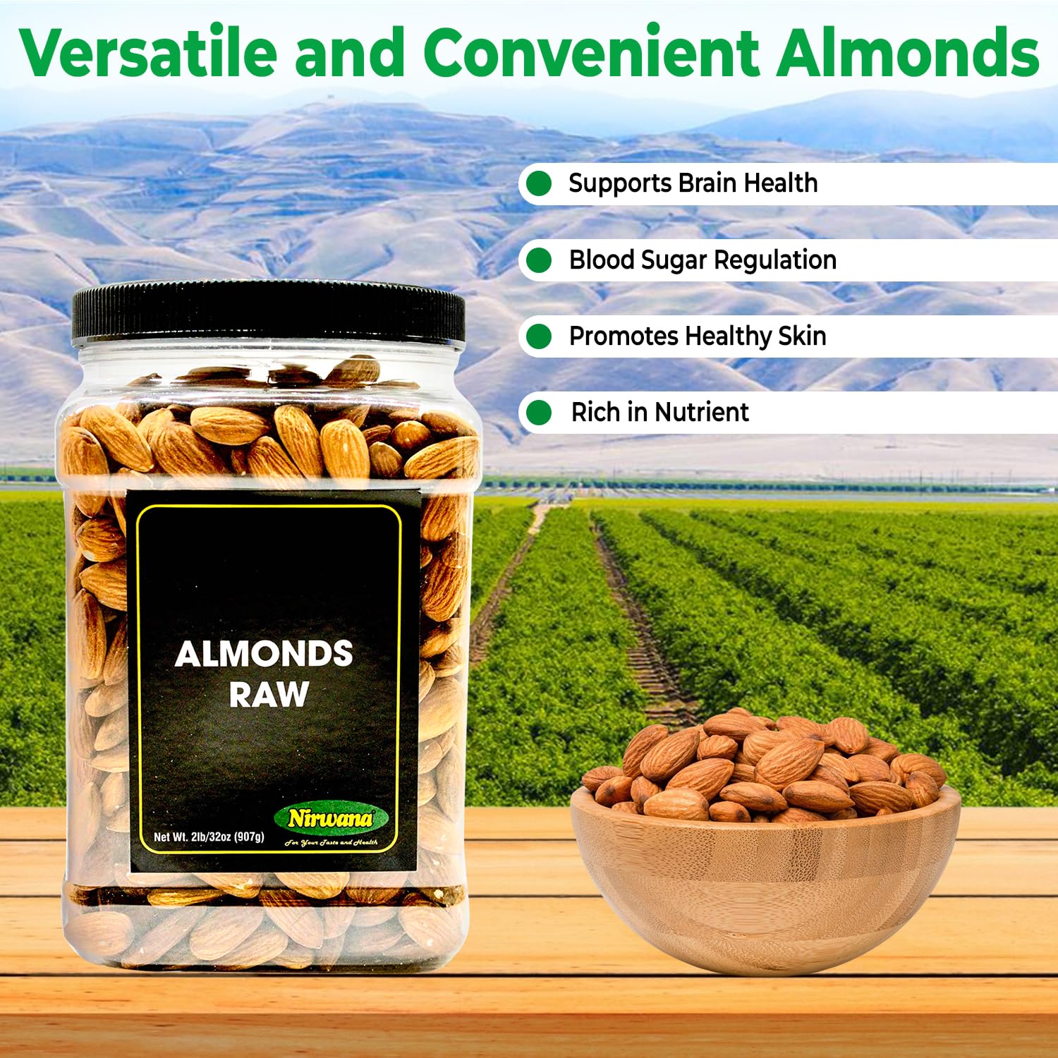 Nirwana raw almonds next to a measuring cup showing 2 lb jar scale