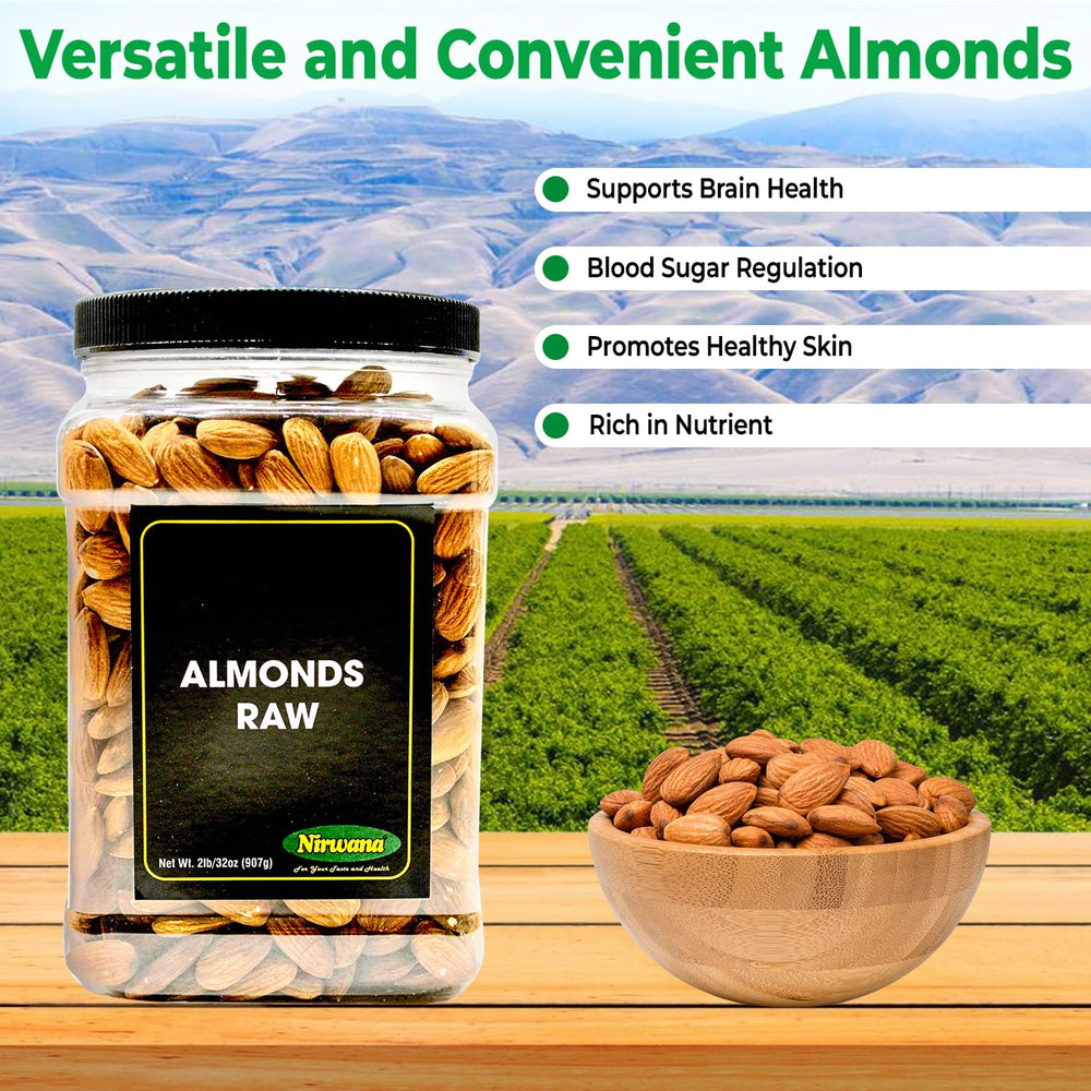 Nirwana raw almonds next to a measuring cup showing 2 lb jar scale