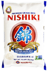 Nishiki 15 lb bag front packaging showing brand and bulk rice supply benefit