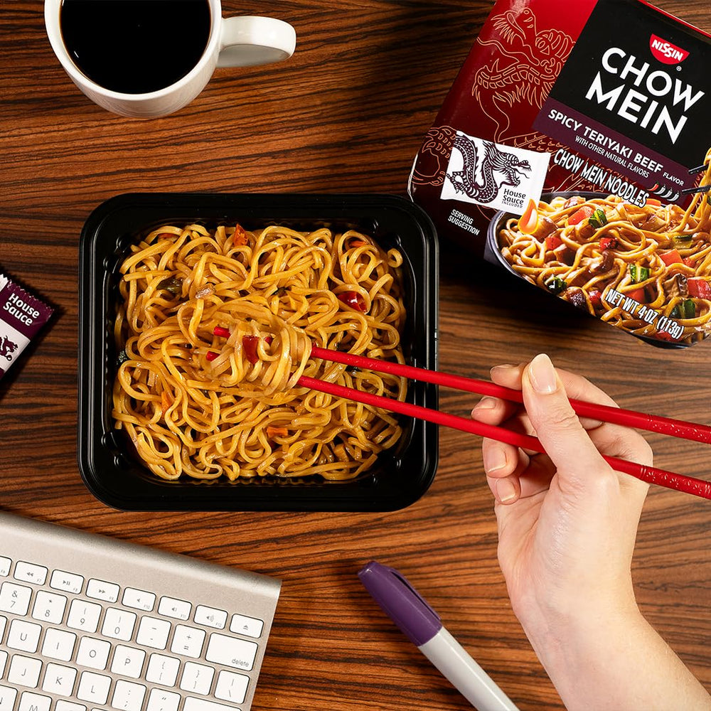 NISSIN sauce packet detail emphasizing bold spicy teriyaki flavor
