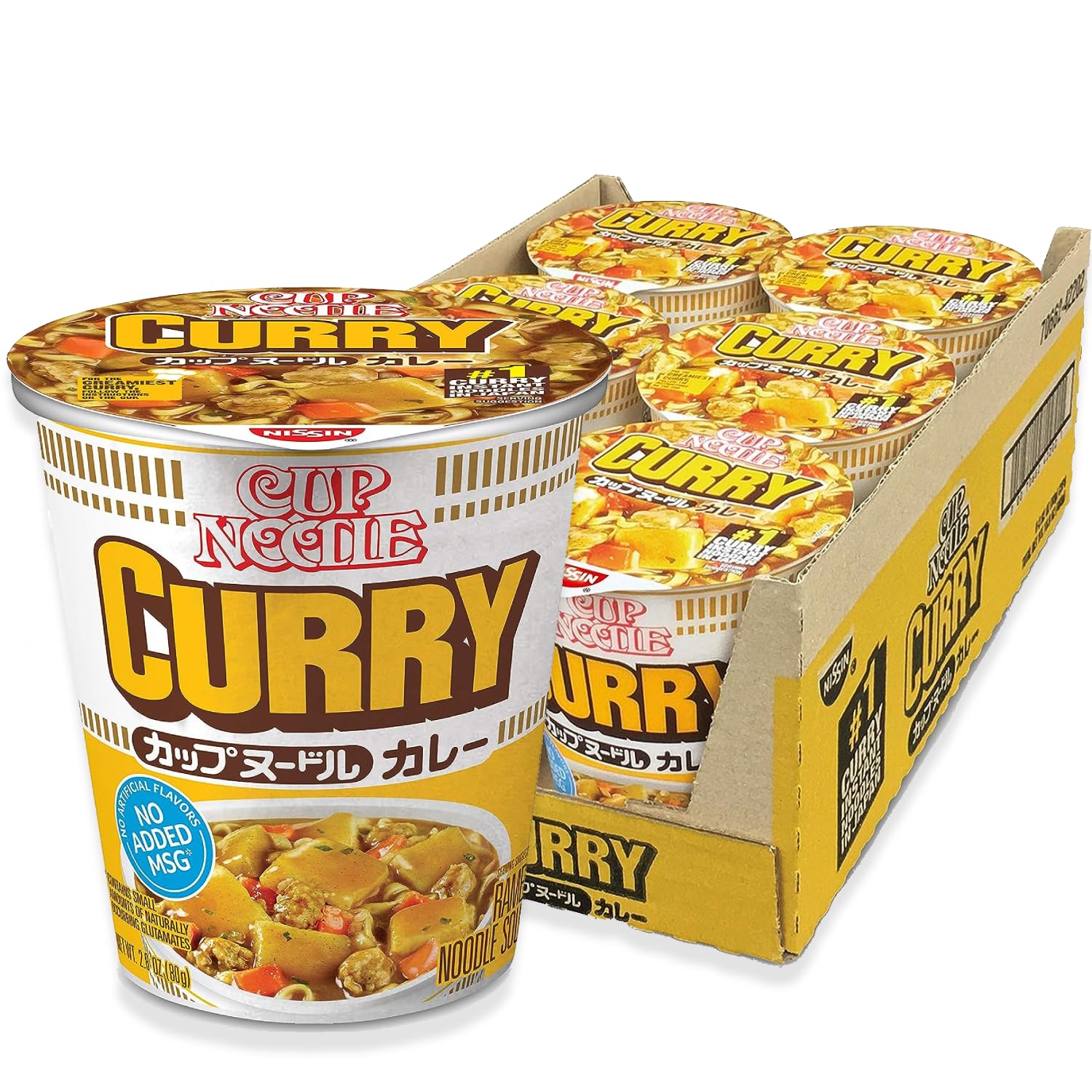 NISSIN cup noodle curry front packaging showing branding and quick-meal benefit
