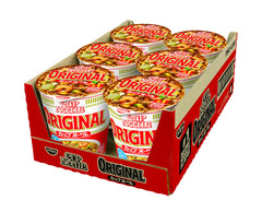 NISSIN open cup revealing dehydrated vegetables and seasoning for quick meal