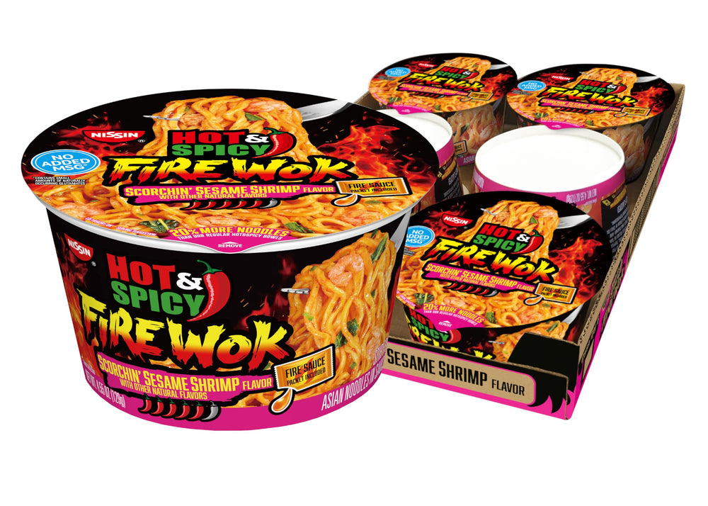NISSIN front packaging showing Scorchin' Sesame Shrimp bowl, bold instant meal appeal