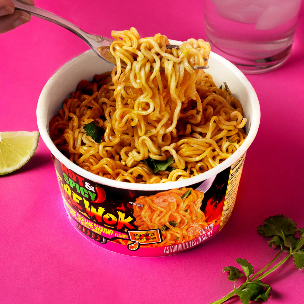 NISSIN noodle texture close-up, springy noodles delivering hearty bite
