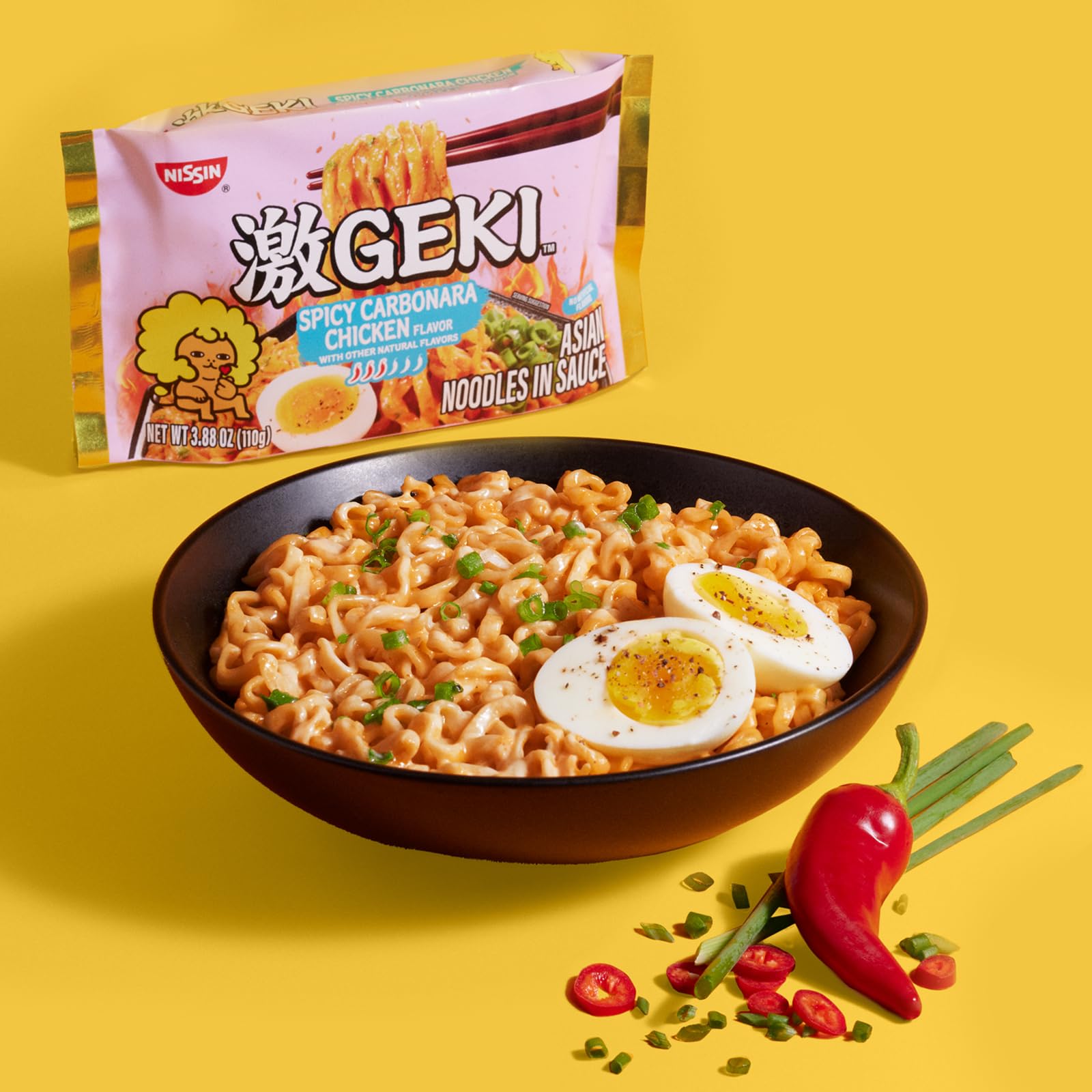 NISSIN Geki pack of 20 next to a hand for size reference and pantry stocking benefit