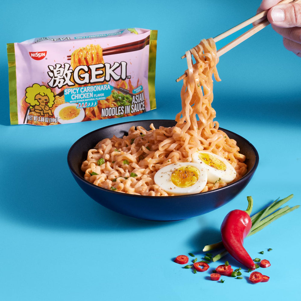 NISSIN Geki seasoning sachet and label close-up showing flavor components