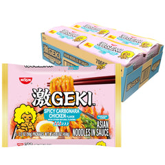 NISSIN Geki front packaging showing bold branding and spicy carbonara appeal