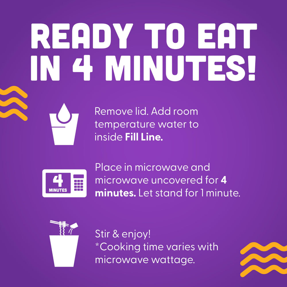 NISSIN cup in microwave demonstrating fast four-minute preparation benefit